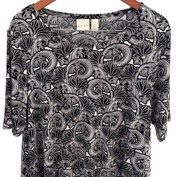 Chico's Women's Stretch Swing Tunic Top Size 2 US Large Black Swirl on White - Picture 5 of 7